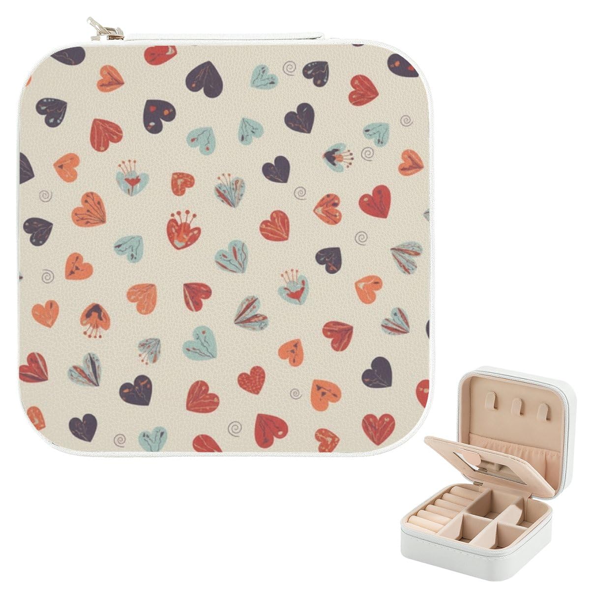 Multicolored Hearts Dark Beige Necklace Gift Box Leather Ring Holder Cute Things for Girls Mirror Jewelry Organizer Women