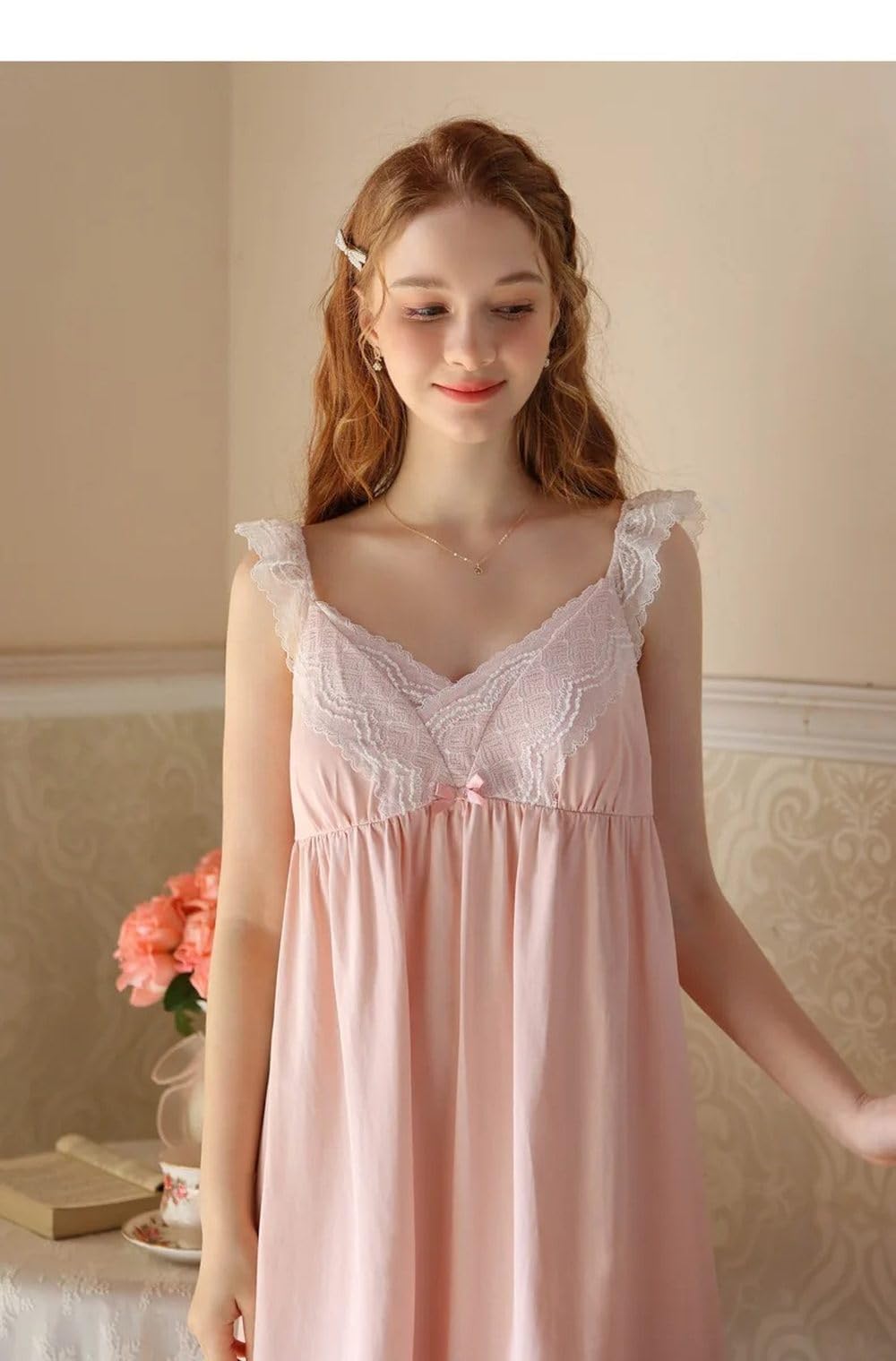 SWEPER Camicia da Notte Donna - Scollo A V in Pizzo con Imbottiture per Reggiseno Indumenti da Notte in Cotone per Donna Elegante Abito Estivo da Principessa Allentato