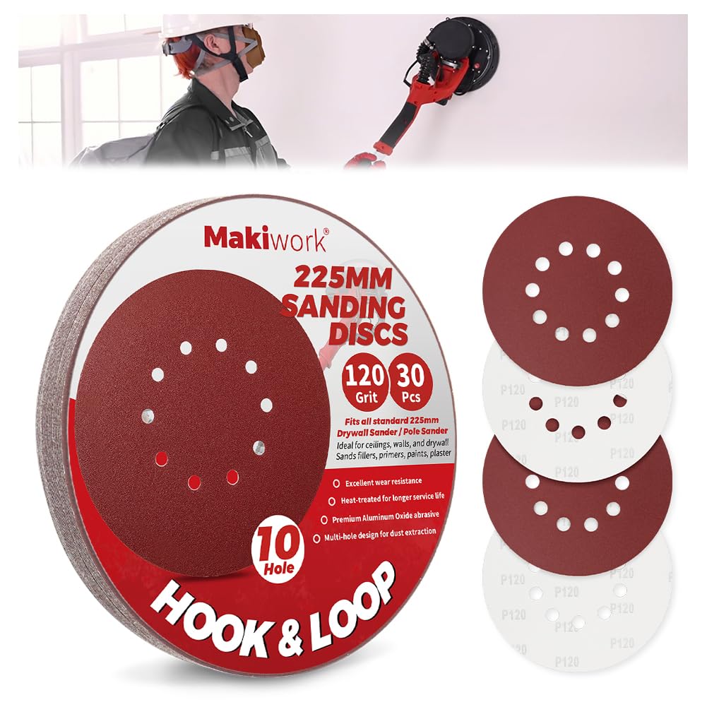Makiwork 30PCS 225mm 10-Hole 120 Grit Hook & Loop Sanding Discs – Heavy-Duty Aluminum Oxide Sandpaper for Drywall Sander, Paint Removal, Wood & Metal Surface Prep