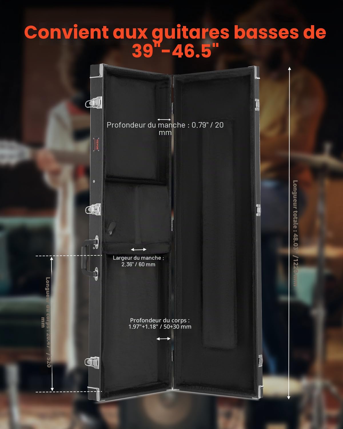 VEVOR Étui Guitare Basse Rigide Rectangulaire 1220 mm avec Verrouillage à Clés, Poignée, Rembourrage en PVC, Doublure Souple, Résistants à l'eau, pour Guitares Basses de 39-46,5 po 99-118 cm, Noir