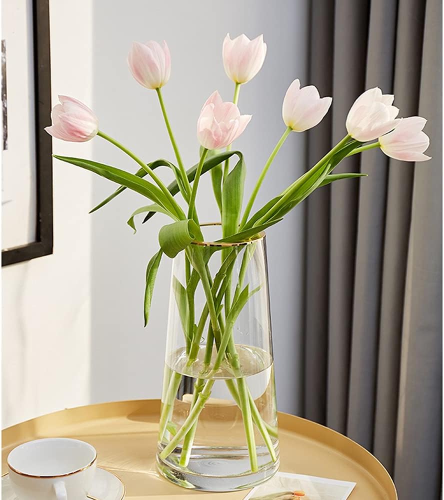 Clear Glass Flower Vase with Gold Mouth for Centerpieces Home Wedding Decoration (1, Large 5.2" x 9.9“)