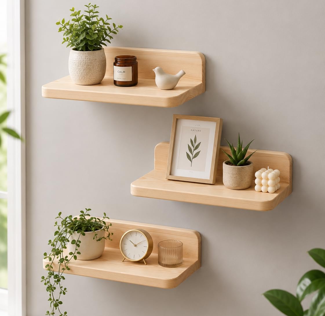 A&A Studio Solid Pine Wood Floating Wall Shelves Set of 3 | 25 x 13 cm Wooden Wall Mounted Shelves | Rustic Shelf for Living Room, Bedroom, Bathroom, Kitchen & Office-image-15