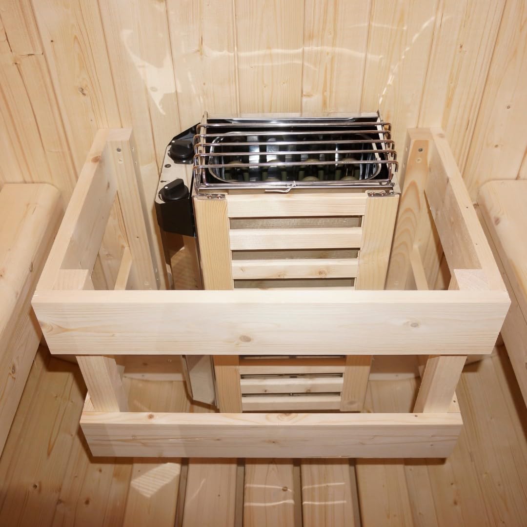 SANOTECHNIK Outdoor Fasssauna TROMSÖ M für 2 Personen, Gartensauna aus Fichtenholz mit 3,6 kW Elektroofen, Saunasteine & Zubehör, Asphaltdach, 189 x 120 x 191,5 cm