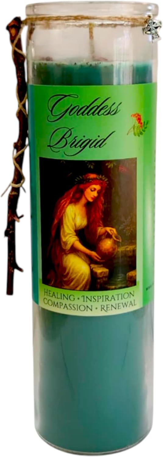 Brigid Healing Goddess Candle Hand Poured Elegant Coco Soy, Rowan Berries & Twig, Aquamarine, Amber Frankincense Vervain, Celtic Cross Charm