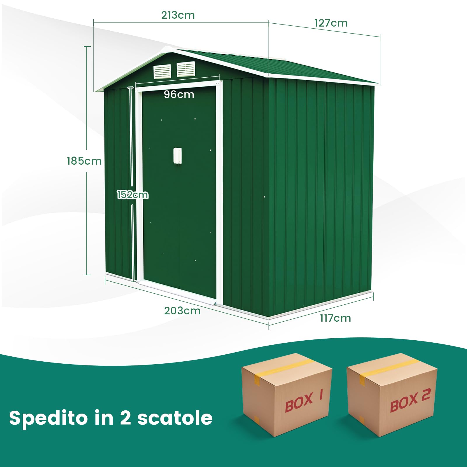 COSTWAY Casetta da Giardino 2,37㎡, Capanno da Esterno in Lamiera Zincata Resistente alle Intemperie con Base, Porte Scorrevoli, Maniglie, Sfoghi e Tettoia, 213 x 127 x 185 cm (Verde Scuro)