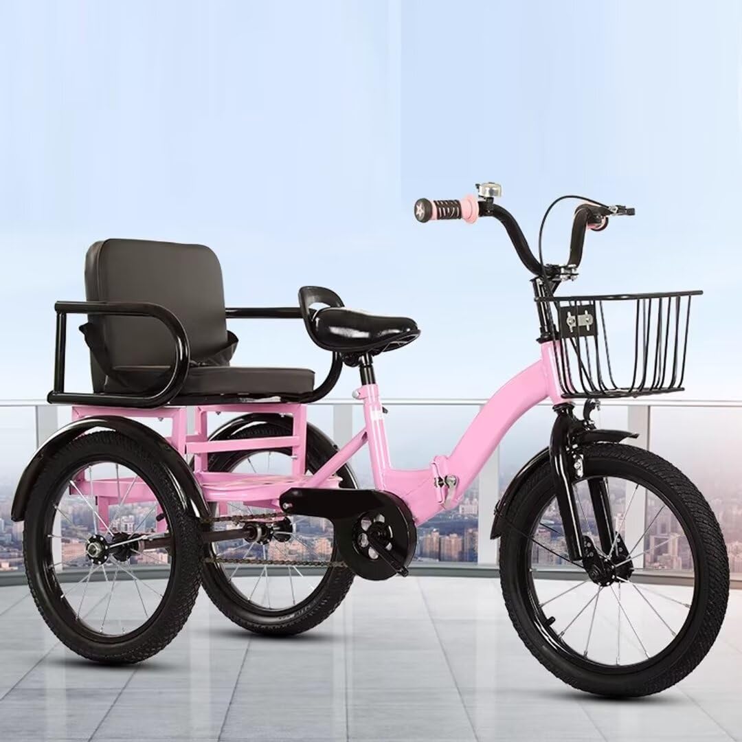 Folding Toddler Tricycle for 3-10 Years Old,Tandem Tricycle with Rear seat,Pedal 3 Wheels Cruiser Trike,Sensitive Front Wheel Brake,Saddle/Handlebar Height Adjustable (Pink 14inch)