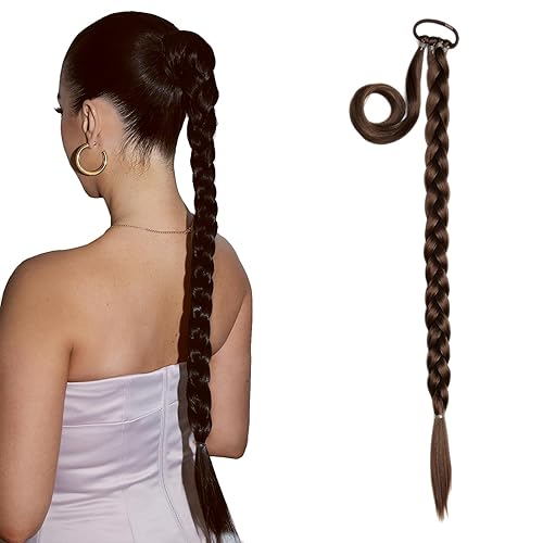 LullaBellz Extensión de cabello sintético Trenza, grande de 26 pulgadas de largo, marrón oscuro, base de banda para el cabello, cabello
