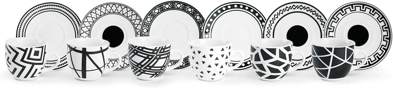 Excelsa Emily Juego de platos, porcelana, blanco/negro, 18 artículos + Emily Servicio de Tazas de café con platillo, Porcelana, Blanco/Negro