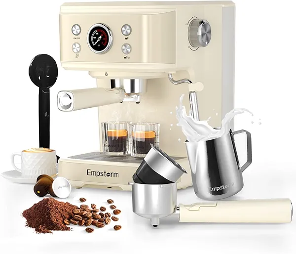 Empstorm Espresso Machine 20 Bar, 2 in 1 Espresso Maker with Milk Frother Steam Wand for Latte and Cappuccino, Powder and Capsule Portafilter, 50oz Removable Water Tank Coffee Machine for Home-White