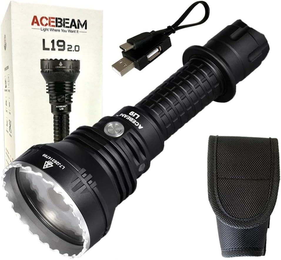 L19 2.0 Long Range Flashlight SFT40 Hi 6500k White Led -Throw 1083M 2,200 lumens w/Battery, Holster and Eco Sensa USB C charging cable included., acebeam-l19-20-white