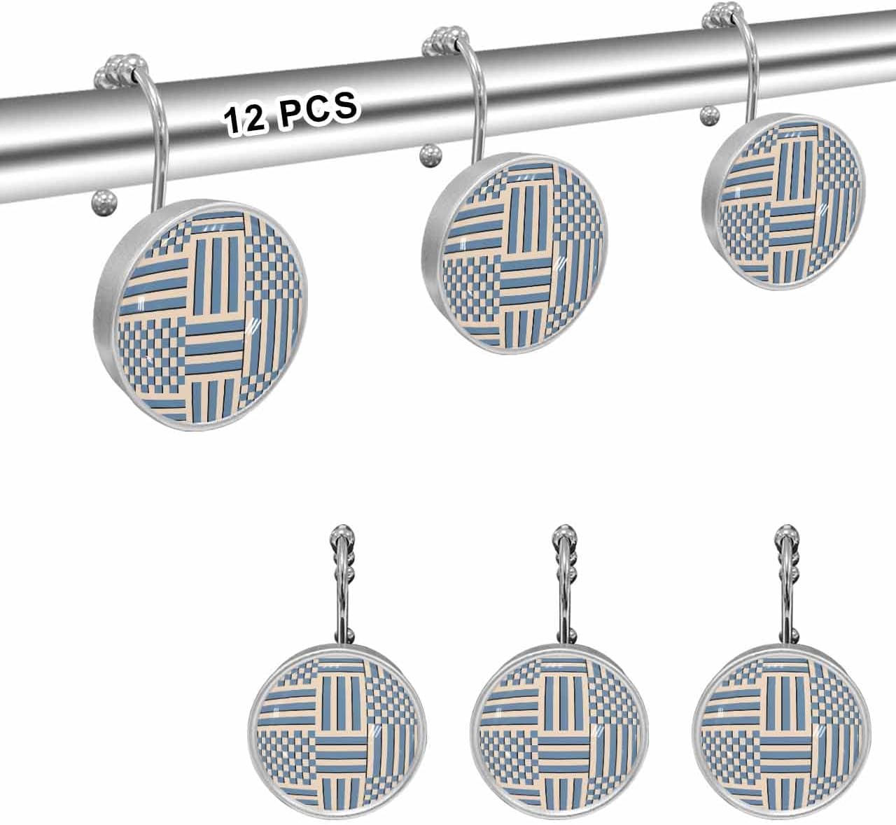 Shower Curtain Hooks 12 Pcs Blue Striped Color Blocks Abstract Design Stainless Steel Rust Proof Rolling Shower Curtain Rings, Decorative Shower Curtain Hooks Hangers for Bathroom