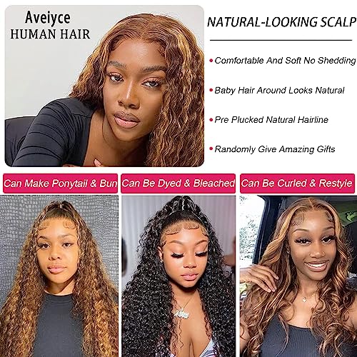 Highlight Ombre HD Transparent 13x4 Lace Front Wigs Human Hair 180% Density Honey Blonde 4/27 Deep Wave Lace Front Wigs for Black Women Frontal Curly Wigs Pre Plucked with Baby Hair 20 Inch