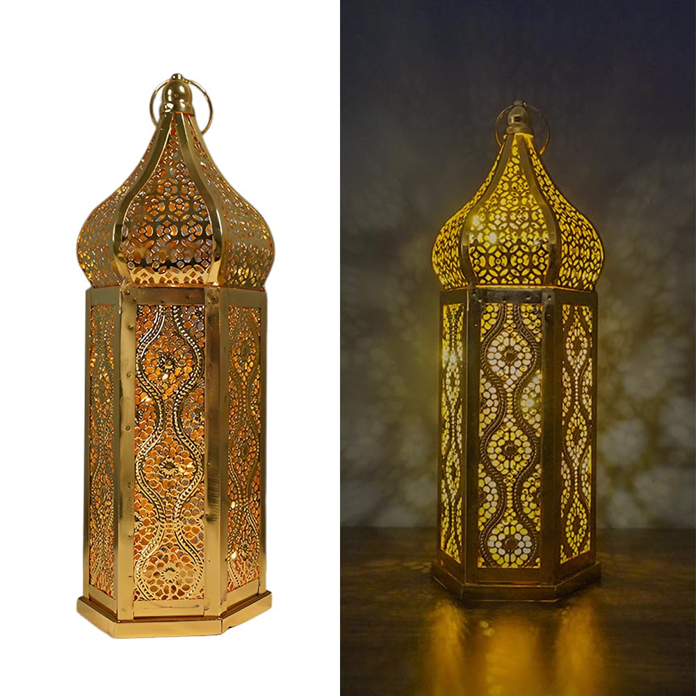 Surakey Moroccan Lantern Decorative Indoor, Decorative Lanterns for Home Decor, Gold Moroccan Lantern Decor, Hollow LED Lights Lanterns for Centerpiece Table Decorations,Large Gold