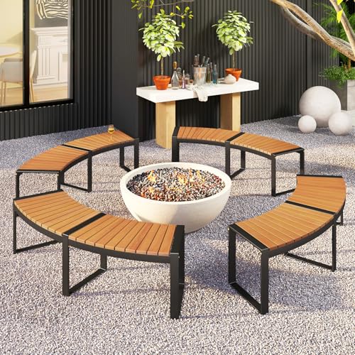 HAPPYGRILL Outdoor Curved Firepit Bench, Acacia Wood Firepit Bench with Metal Frame, Backless Loveseat for Patio, Porch, Garden, Deck, Yard, 800 LBS Max Load (2) - Thumbnail 2