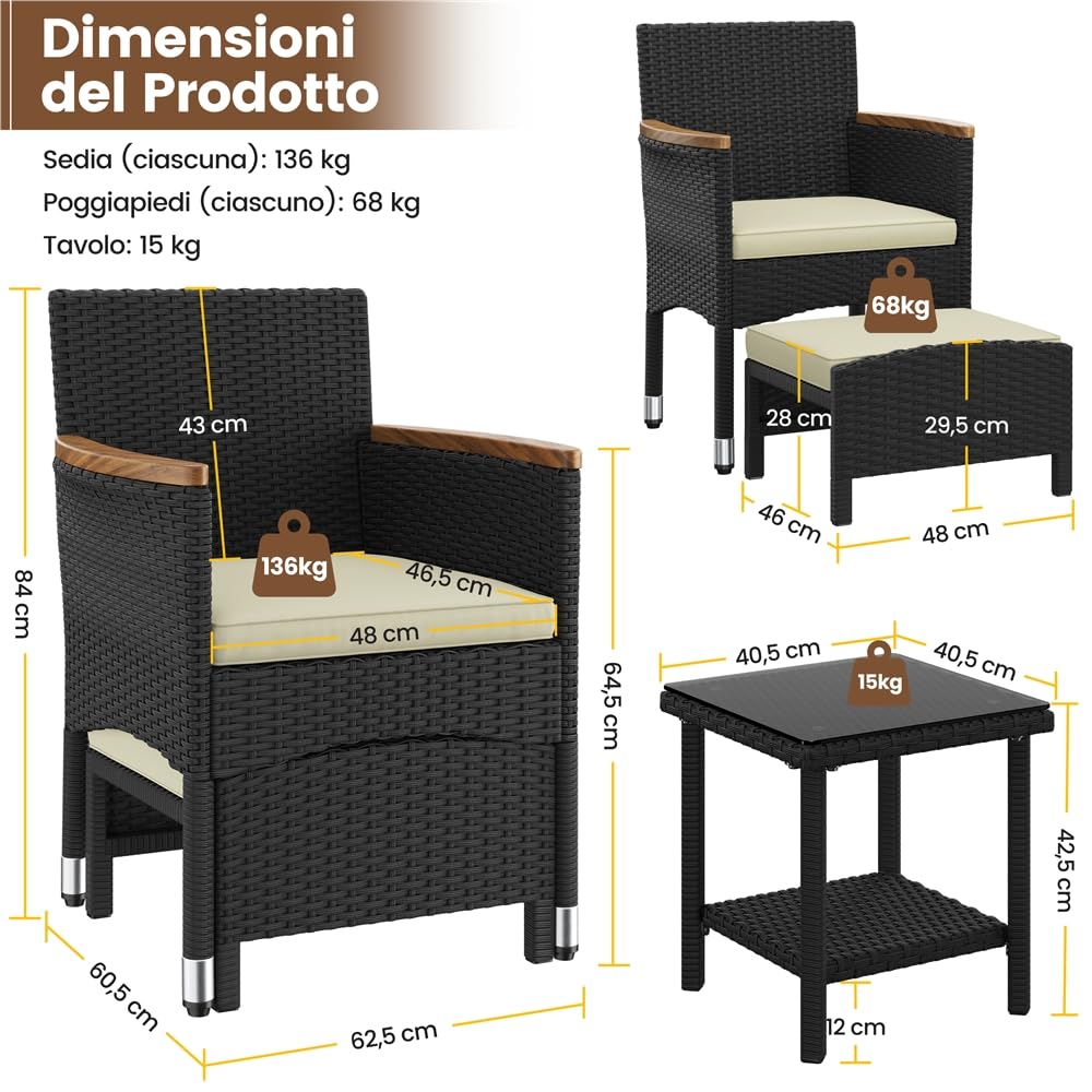 Yaheetech Set di 5 Mobili da Giardino in Rattan PE Mobili da Balcone con 2 Poltrone 2 Poggiapiedi 1 Tavolino in Vetro per Esterno Patio Terrazza Nero/Beige