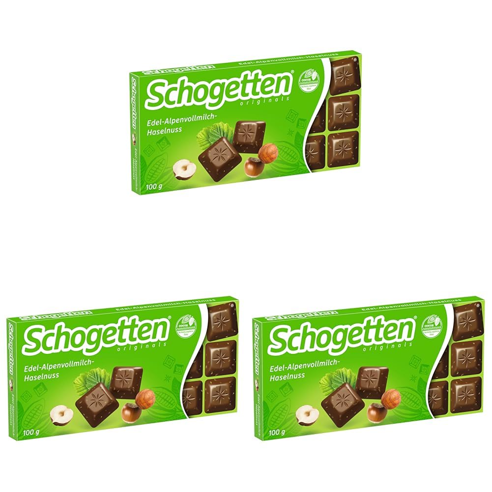 Schogetten Edel-Alpenvollmilch-Haselnuss 100g Schokoladentafel, praktisch einzeln portioniert. Ein Genuss. Stück für Stück. (Packung mit 3)