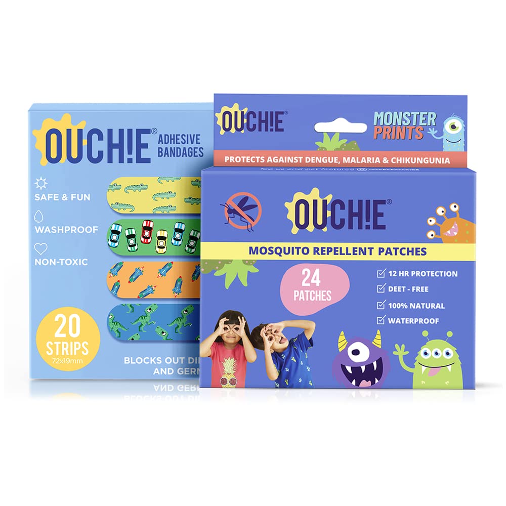 Aya Papaya Ouchie Monster Print Mosquito Repellent Patches (24 Patches) & Ouchie Non-Toxic Printed Bandages - Blue (20 Strips) Combo Pack-image-46