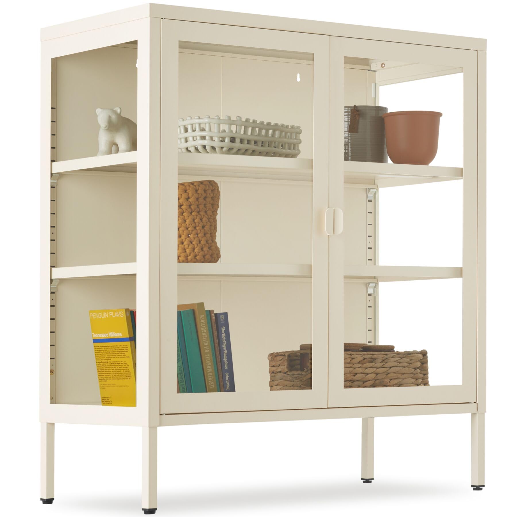 tectake® Vitrina Expositora con Puertas de Cristal con Cierre Magnético, Mueble Baño con Estantes Ajustables, Estanterias Almacenaje con Patas Ajustables, Estanteria - Crema