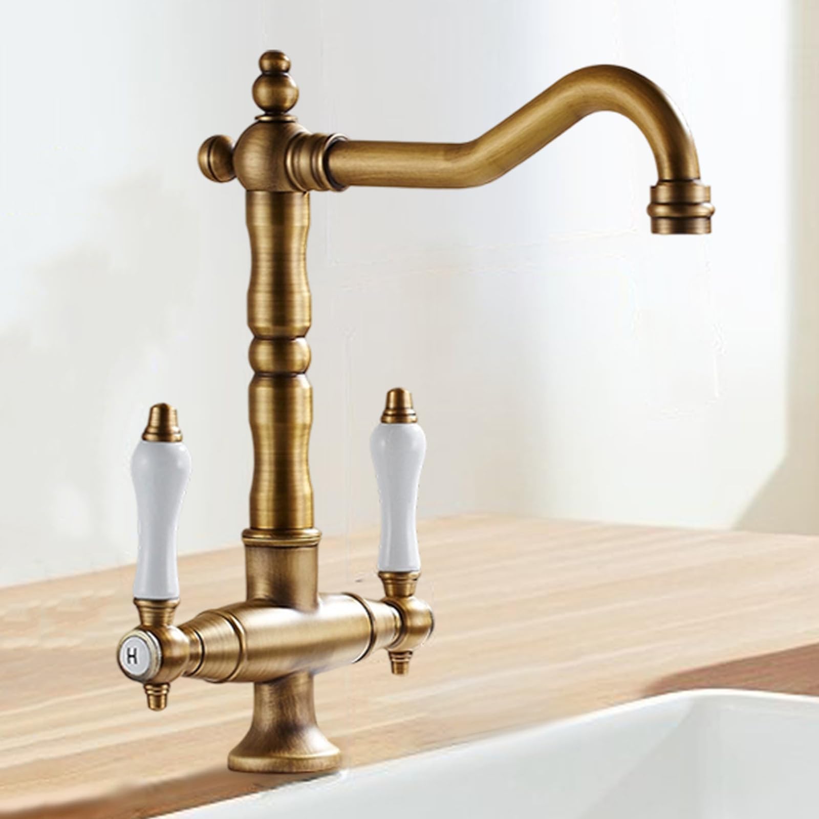 Traditional Kitchen Sink Mixer Tap with Ceramic Dual Lever,Monobloc Brass High Arc Swivel Spout,Retro