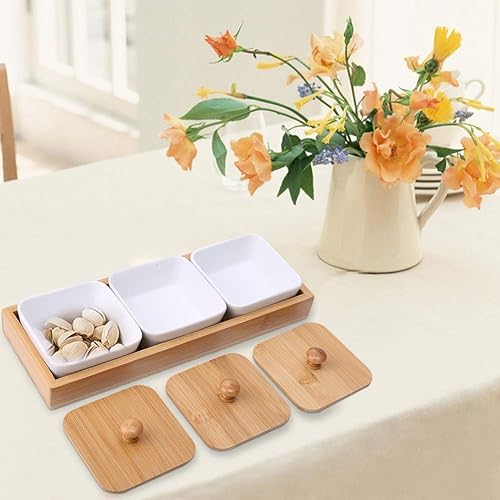 Miniatura 3 de TOPINCN Plato de cerámica para servir, plato rectangular con cubierta de bandeja, plato de postre para fiestas, aperitivos y cenas (tres rejillas