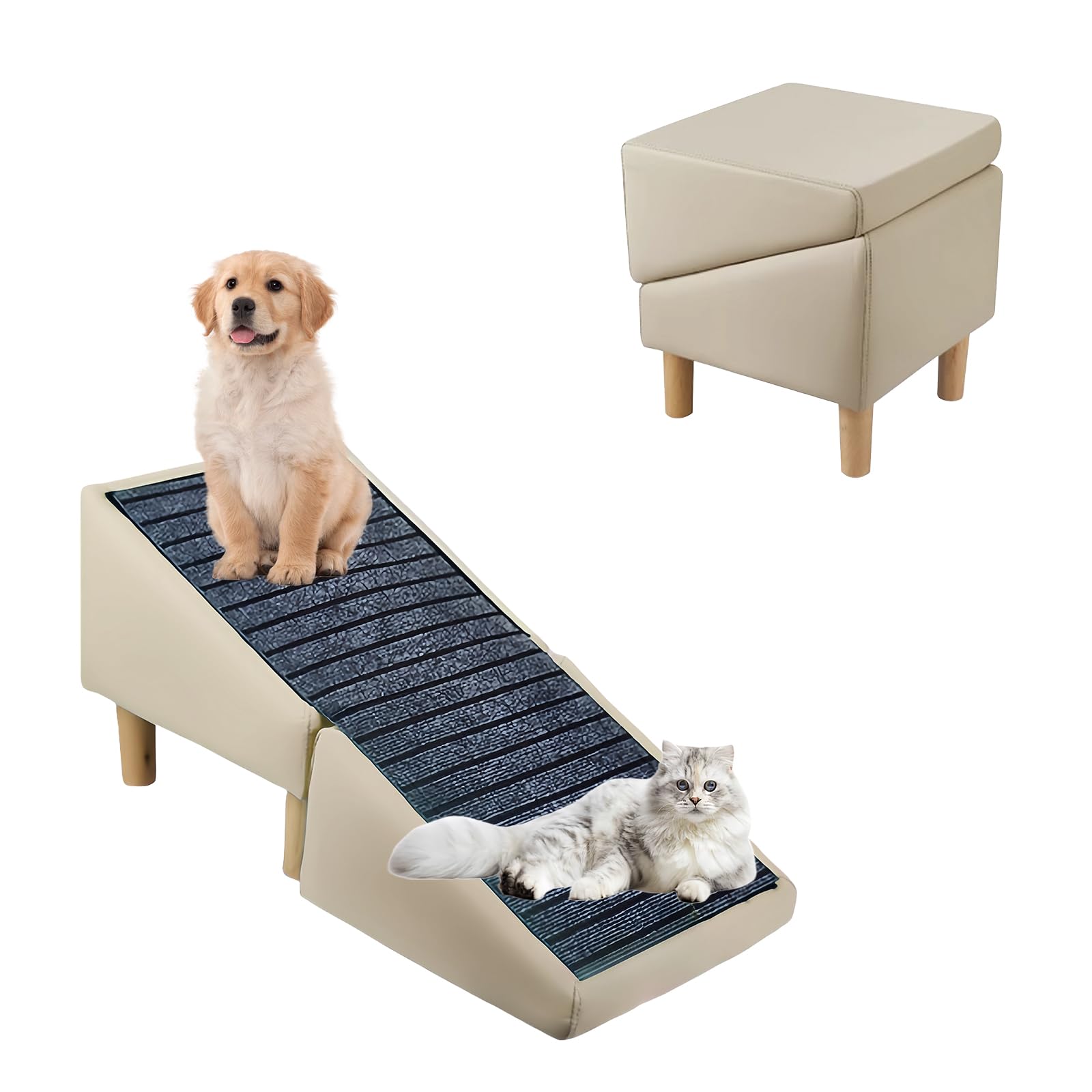 Rampa otomana dividida y rascadora mejorada para gatos, taburete convertible 2 en 1 de madera para perros y gatos pequeños, incluye una alfombrilla antideslizante, escalera portátil para mascotas para