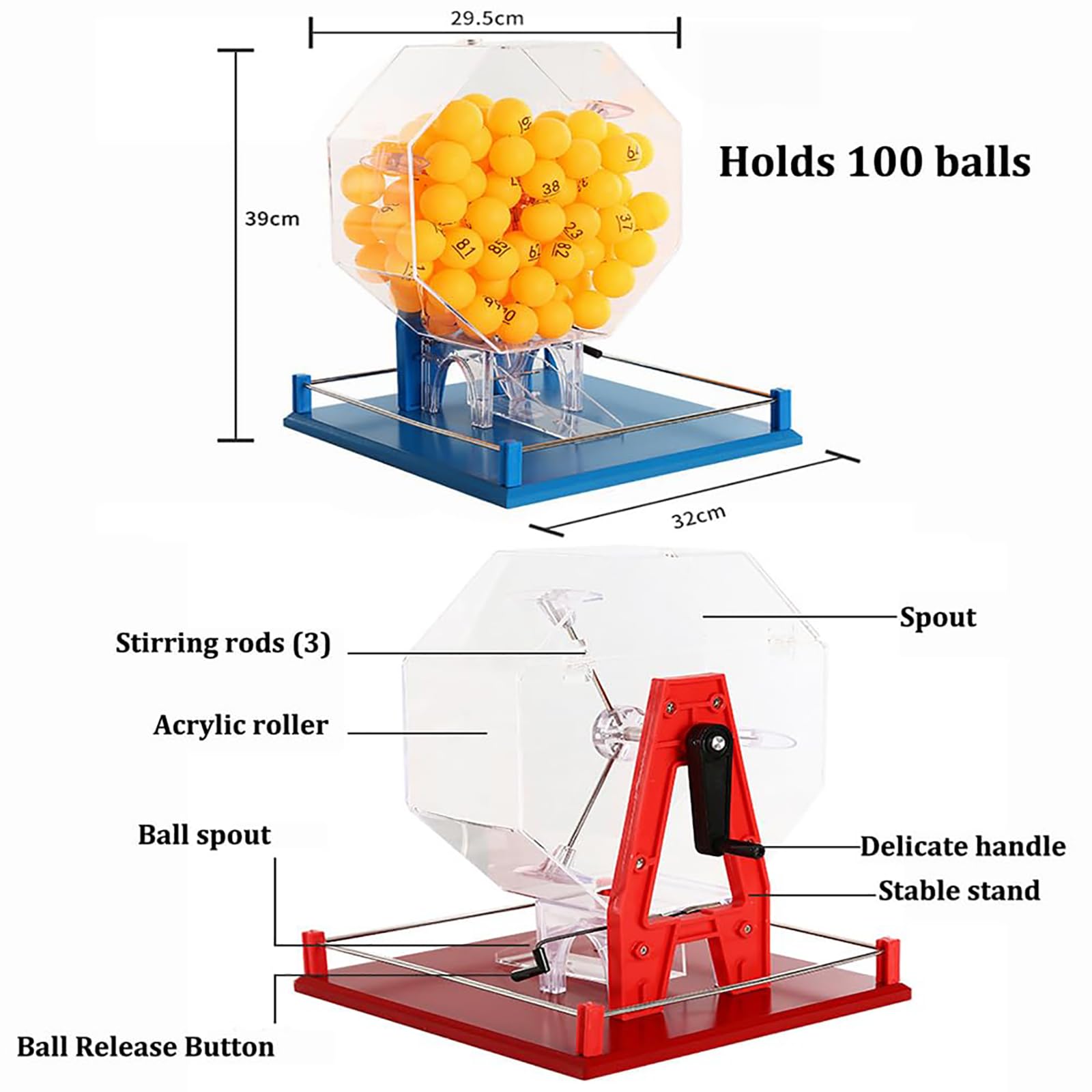 Máquina de lotería de manivela, selector manual de bolas con capacidad para 100 bolas de colores, juego de bingo de lujo para grupos grandes y lugares de entretenimiento, diversión para centros