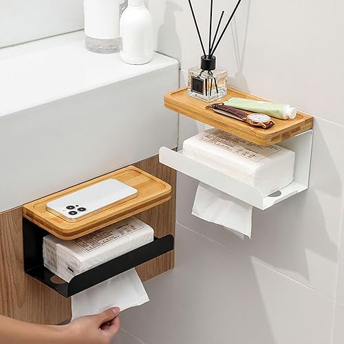 Miniatura 8 de Estante para caja de pañuelos, accesorios de baño, bandeja de inodoro con bandeja de madera para colocar artículos, soporte de papel, caja de papel
