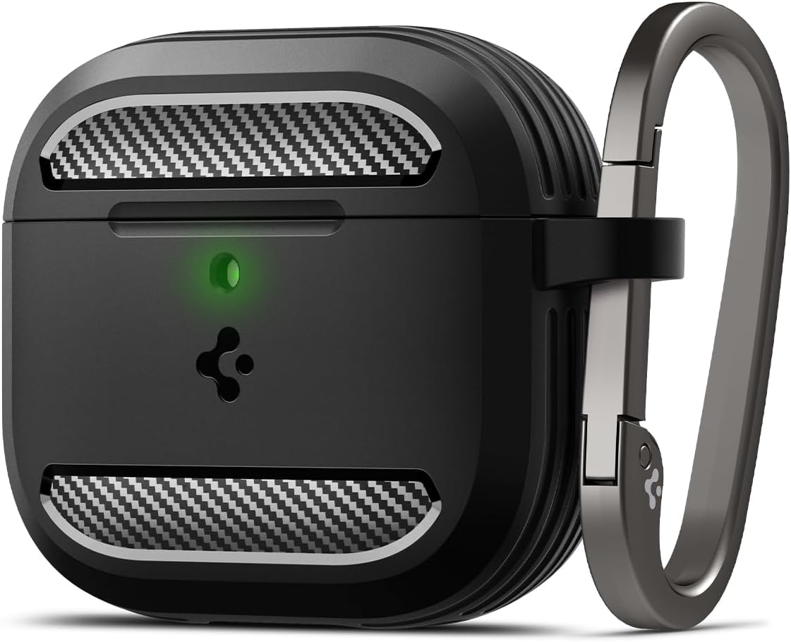 Spigen Rugged Armor designed for AirPods 4 case cover (2024) Shockproof Protective with Carabiner - Matte Black