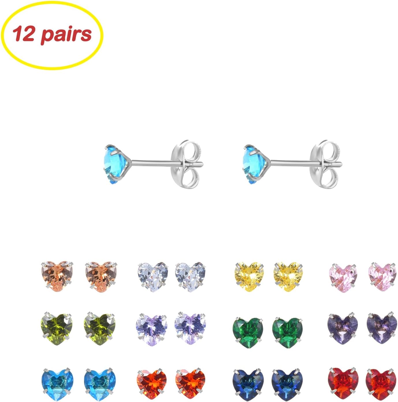 12 Pairs Surgical Stainless Steel Birthstone Cubic Zirconia Stud Earrings Round Star Heart Square Princess Cut CZ Stud Earrings Set - Image 2