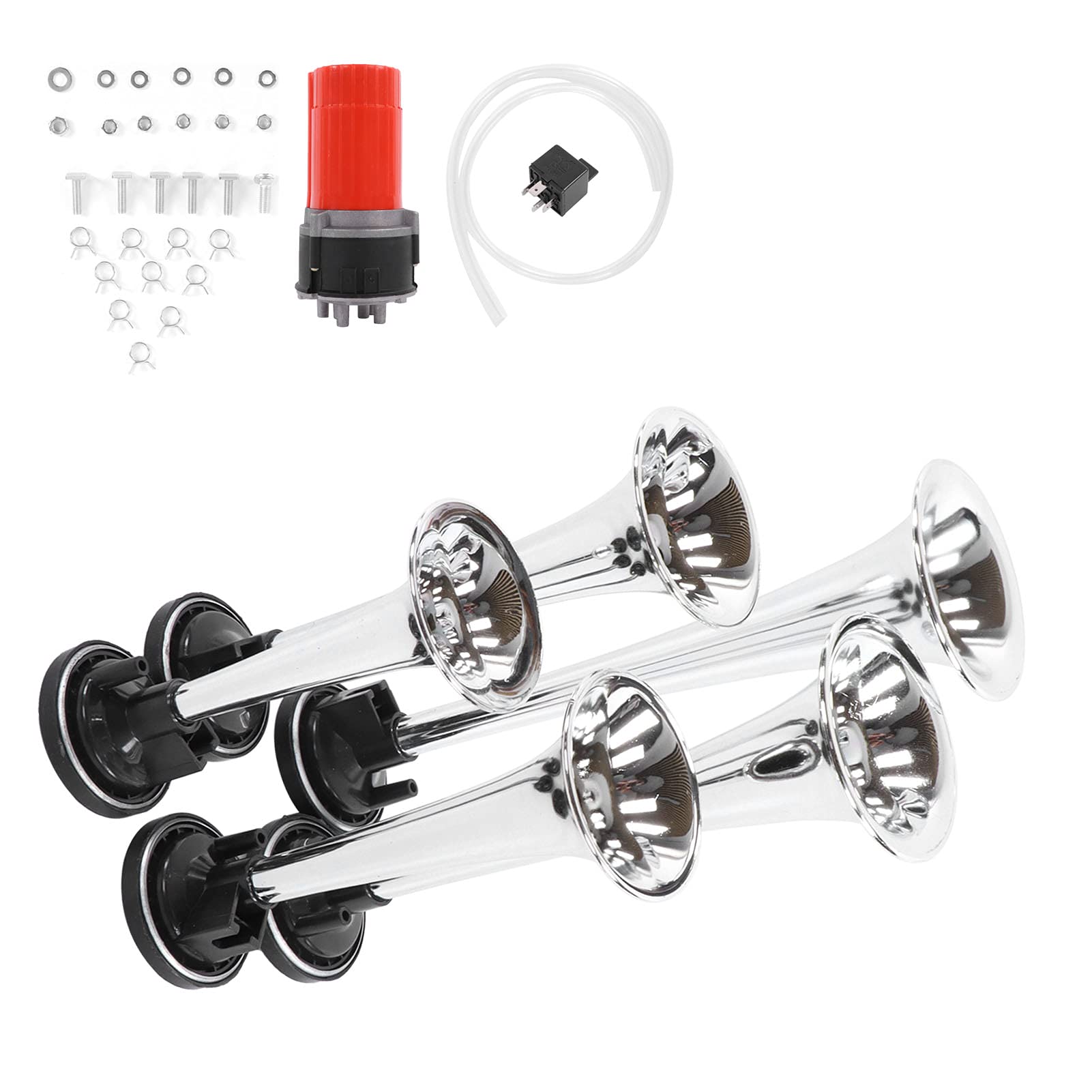 Avvisatore Acustico per Auto da 5 Pezzi Aggiornato 130 DB 12 V con Compressore D'aria Musica Jazz, Adatto per Camion, Autobus, Barche