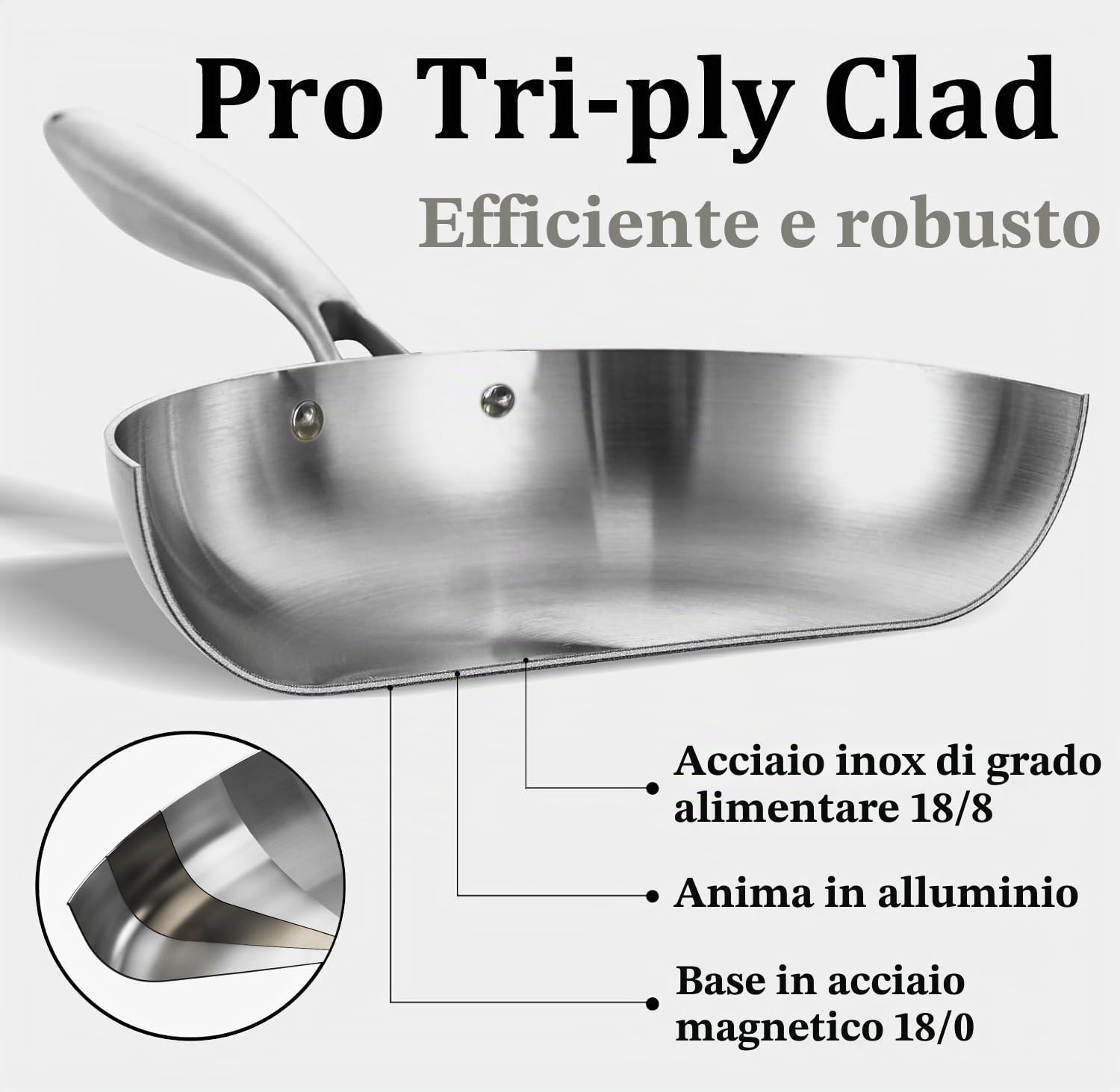 LOLYKITCH Set di 3 padelle in acciaio inox a tre strati da 21,5 a 25,4 - 30,5 cm, set di pentole a induzione, adatte per forno e lavastoviglie, manico rivettato