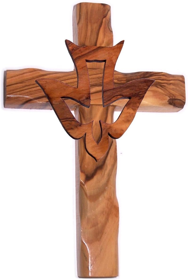Holy Land Market Olive Wood Cross with Dove - Holy Spirit Hand Carved in Bethlehem, Holy Ghost Cross, 5 in High, Religious Wall Decor