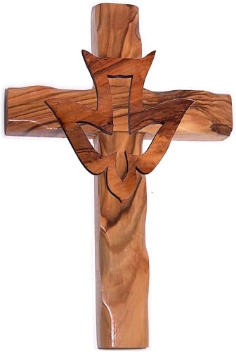 Holy Land Market Cruz de madera de olivo con paloma  Espíritu Santo tallada a mano en Belén, cruz del fantasma santo, 5 pulgadas de alto, decoración