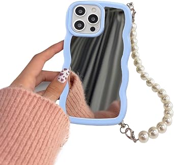 Compatible for iPhone 15 Pro Max Mirror Case,Cute Curly Wave Frame Soft Shockproof Case,Aesthetic Phone Case with Pearl Strap Chain for Women GirlsBlue,iPhone 15Pro Max