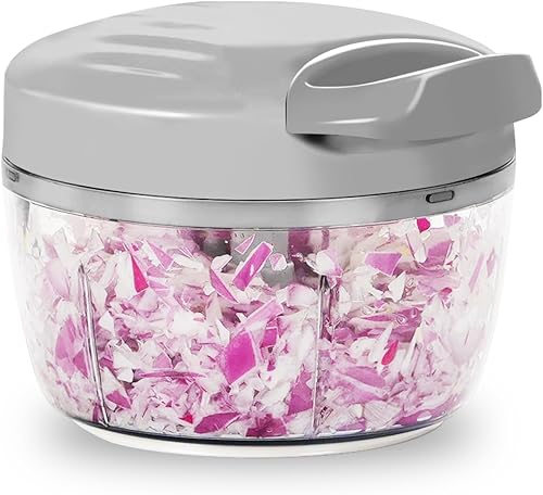 Procesador manual de alimentos y picador de verduras, color gris, 2.3 tazas, mini picador de cocina para cebolla, ajo, verduras con 3 cuchillas de
