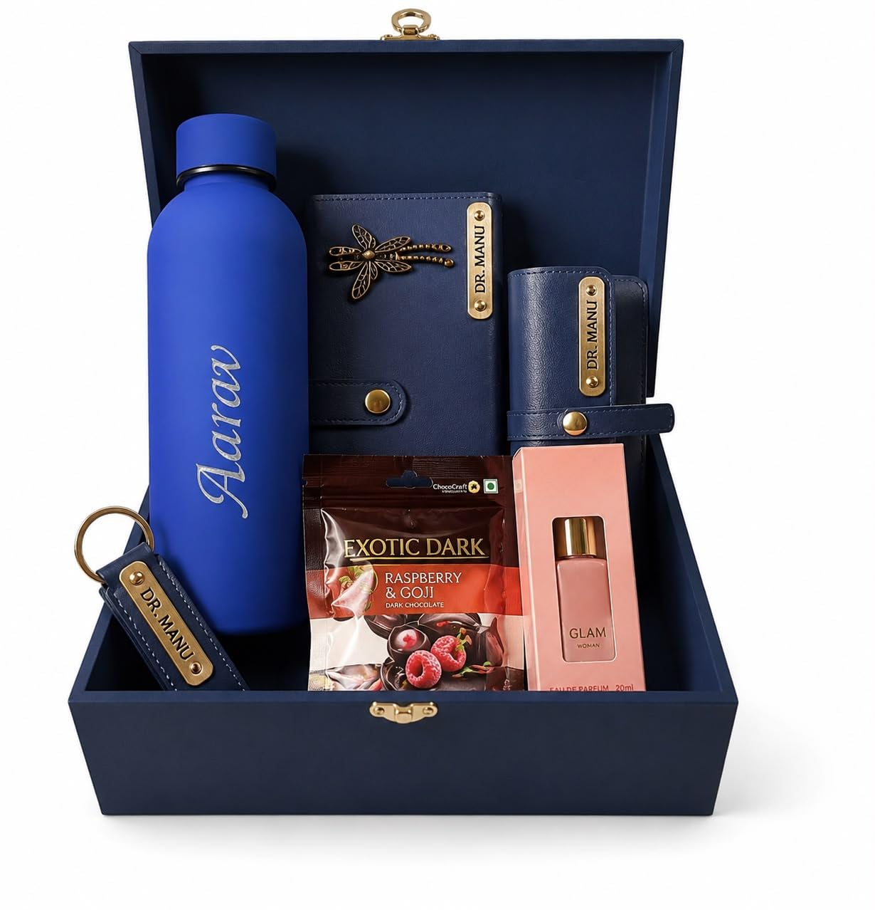 saanvi crafts Customizable Luxury Gift Hamper for Women | Personalized Bottle, Wallet, Sunglasses Cover, Keychain & Chocolate Combo | Premium Birthday & Anniversary Gift for Her (Navy Blue)-picture-19