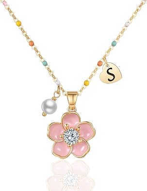 DS Valentines Day Gifts for Kids 18K Gold Plated Stainless Steel Heart Initial Letter Flower Pearl Charm Pendant Necklaces for Girl Personalized Wedding Proposal Bridal Shower Party Jewelry Gift