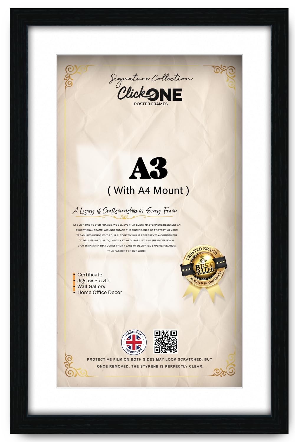 Click One Poster Frame A3 29.70 X 41.90 Cm With A4 21.00 X 29.70 Cm White Mount Multiple Pespex Front 16 X 11 Inch Horizontal And Vertical Hanging For Anniversary Birthday Wedding Black