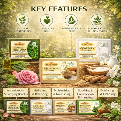 Image of Khadi Organic and Natural Handmade Bathing Soap for Men & Women | Assorted Herbal & Chemical-Free Face and Body Soap for Gentle Cleansing & Healthy Skin (Assorted Bathing Soap (Pack of 5))
