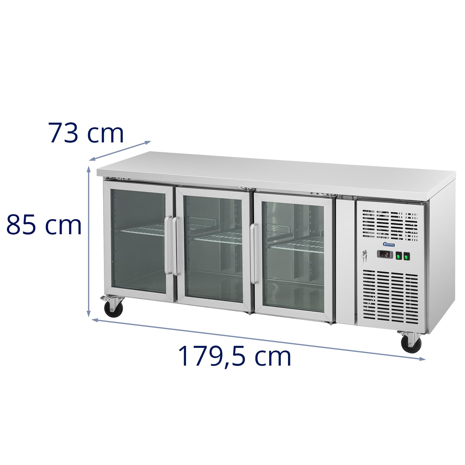 Royal Catering Banco refrigerato su ruote 410 l 3 porte in vetro 179,5 x 73 cm - Classe B - Acciaio inox - Royal Catering Tavolo refrigerato Banco frigorifero Banco frigo per gastronomia