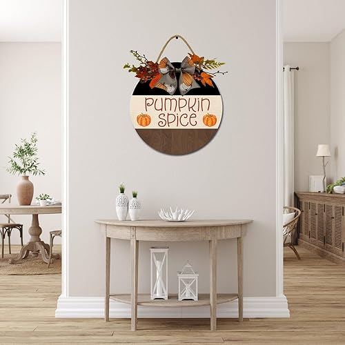 Miniatura 9 de Letrero de hojas de otoño para puerta delantera, coronas divertidas, decoración de placa de madera rústica, redonda, decoración de porche de madera