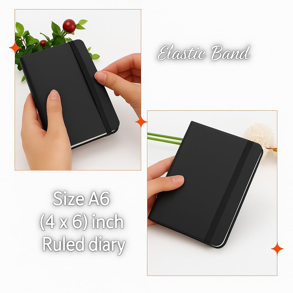 AccuPrints A6 Hard Bound Diary Size 6 x 4.2 inches with 160 Pages | Notebook Diary with Elastic Lock PU Leather Pocket Diary for Office (Black) 1