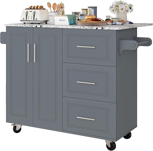 Miniatura 9 de Isla de cocina con encimera de almacenamiento y hojas de caída isla de cocina sobre ruedas con 3 cajones y estante para especias y toallero mesa