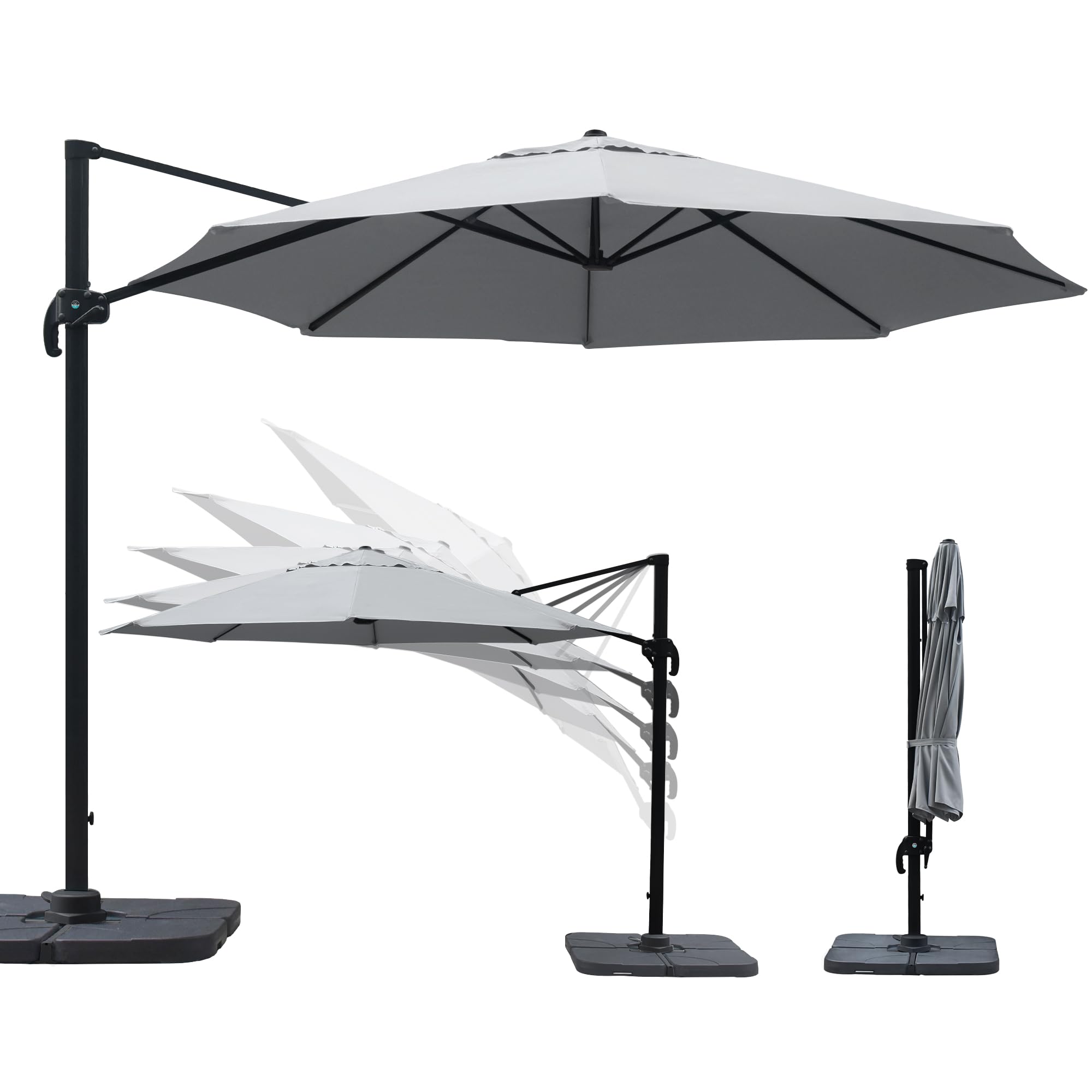 paramondo parapenda Sonnenschirm Ampelschirm aus 230 g/㎡ Polyesterfaser, Rund, Ø 3,5 m, 360° Schwenkbar, Kurbelbedienung, Grau, Stahl-Standkreuz und Gestell in Anthrazit, 20.6kg