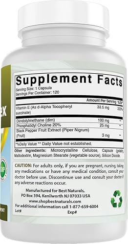 Miniatura 6 de Best Naturals Suplemento DIM 100 mg 120 cápsulas, DIM para metabolismo y equilibrio de estrógenos, para menopausia, culturismo, PCOS y acné hormonal