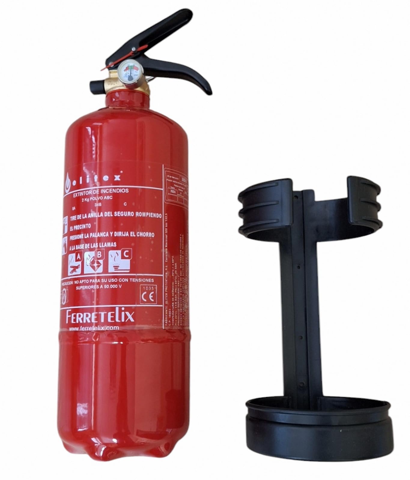 FERRETELIX® Extintor 2 Kg ABC (Eficacia 8A 34B C) + Soporte + Cartel Fotoluminiscente 21x30 cm – Homologado – Fabricado en España – Año 2026