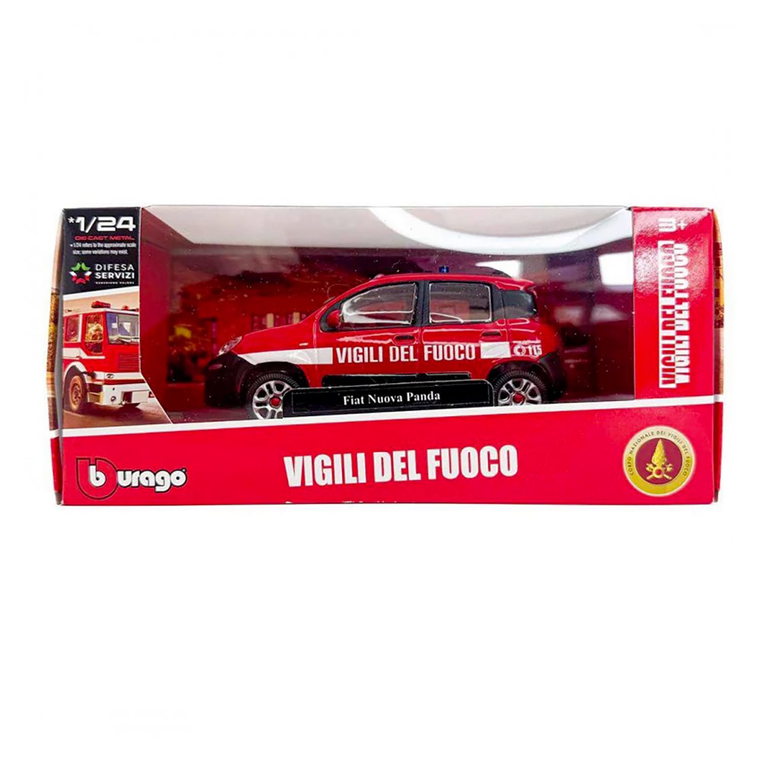 Bburago Fiat Nuova Panda Vigili del Fuoco, Modellino Auto in Scala 1/24, Veicolo Pompieri, Rosso