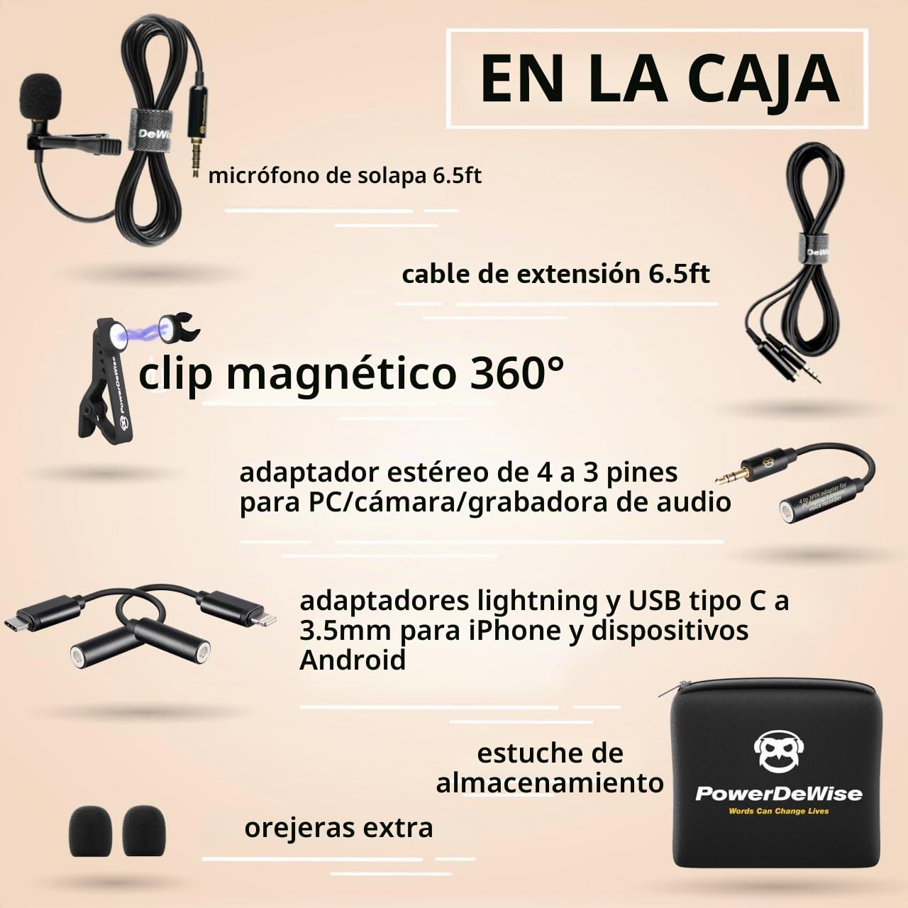 PowerDeWise - Micrófono Lavalier de Grado Profesional con Clip para cámara, teléfono, iPhone, GoPro, grabación de vídeo ASMR, pequeño micrófono de Camisa de 3,5 mm con Sistema de Clip fácil