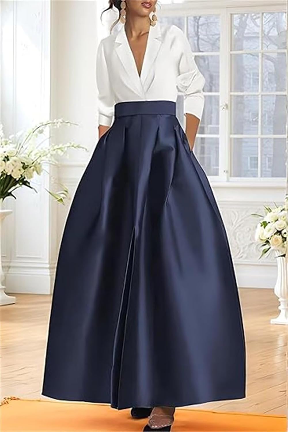 Women's V Neck Long Sleeves Prom Dresses with Pockets Satin Ball Gowns LZ-011 - Image 5