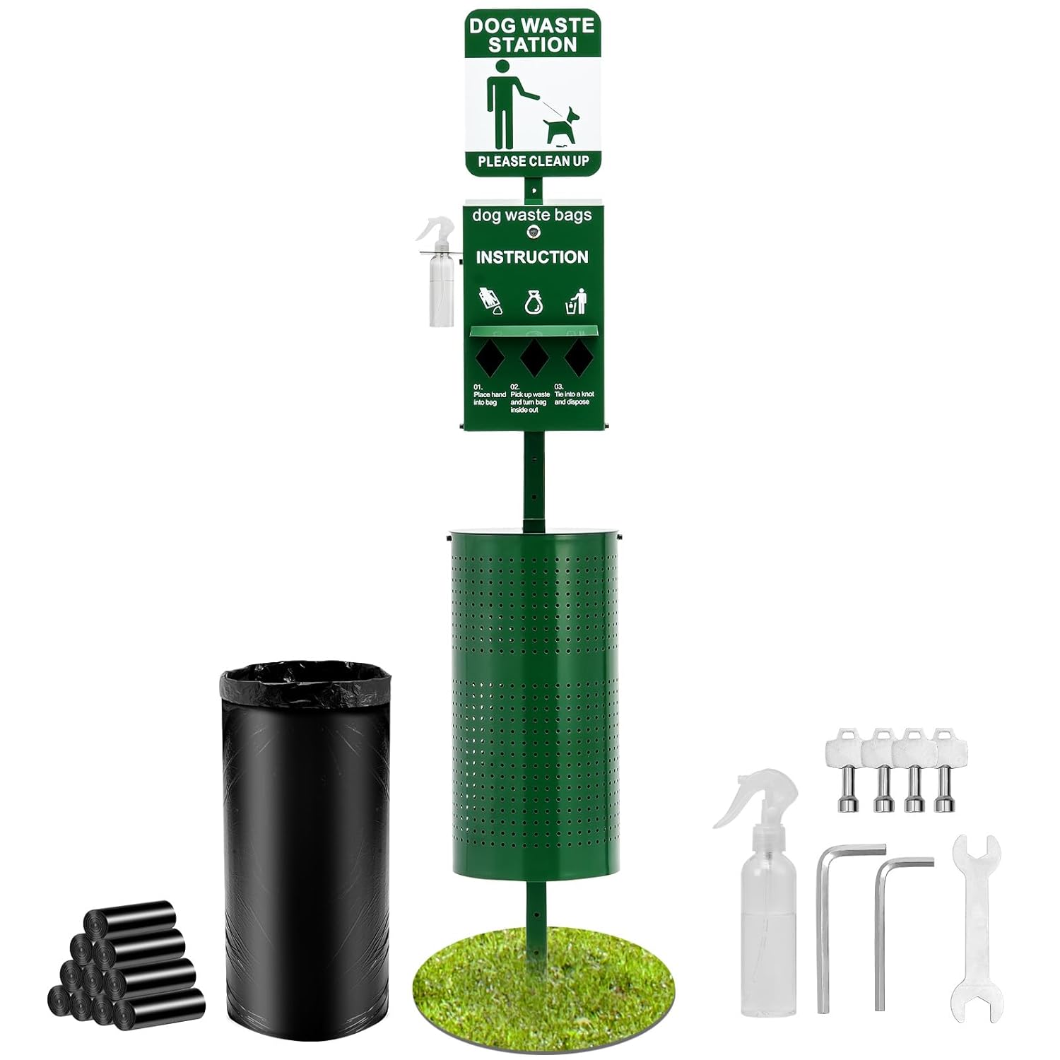 Happybuy Dog Waste Station Featuring a Hand Wash Bottle, Commercial-Style Dog Poop Station, 11.5-Gallon Pet Waste Bin Along with 50 Can Liners, Bag Dispenser and 600 Waste Bags